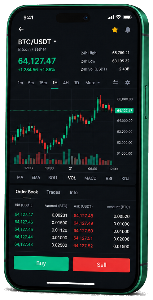 Mobiele handelsinterface van Essorélance — live BTC/USDT-grafiek met orderboek en functies voor kopen en verkopen